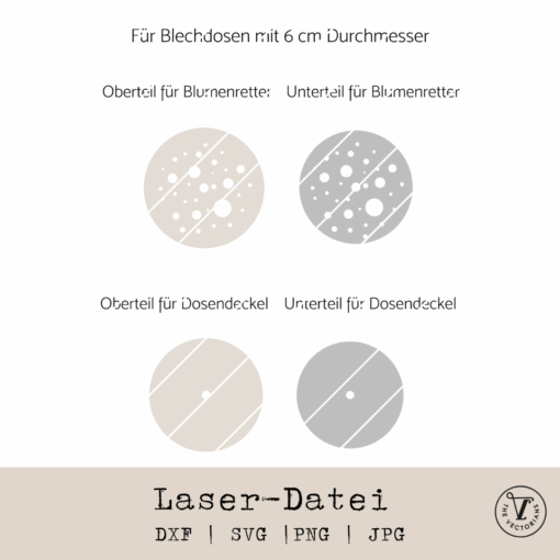 TheVectorians_Dosendeckel und Blumenretter lASERDATEI Laserdatei Dosendeckel SVG DXF Upcycling Blumenretter Vase DIY Blumenhalter für Dosen – Laservorlage Deckel-Einsatz