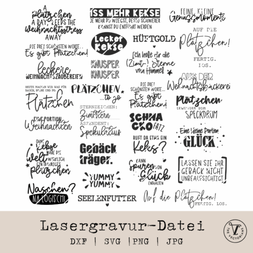 TheVectorians_Lasergravur_Plätzchen Kekse Cookies Sprücheset Sublimation Plotterdatei Lasergravur Laserdatei Kekssprüche SVG DXF Weihnachten Deko DIY Sprüche für Keksdose, Etiketten & Beutel – Datei zum Lasern und Plotten