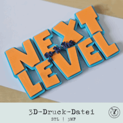 3D-gedruckter Schriftzug „NEXT LEVEL“ in Orange-Blau mit 3D-Effekt, perfekt als Geschenk oder Tischdeko