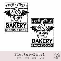 Plotterdatei Trick or Treat Bakery mit Cupcake und Fledermausflügeln – Retro Halloween Design für Plotterprojekte